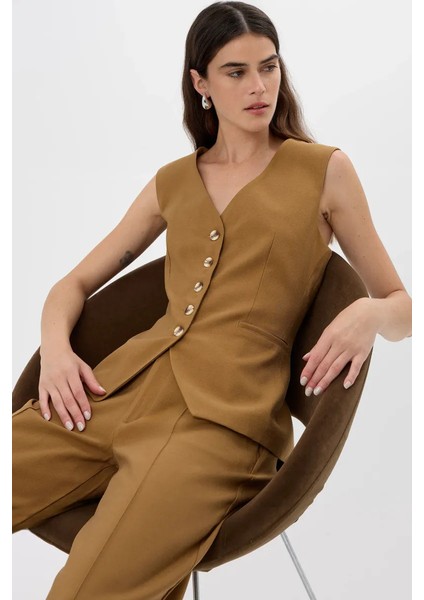 Kadın Düğmeli Düz Yelek Brown fırsatları