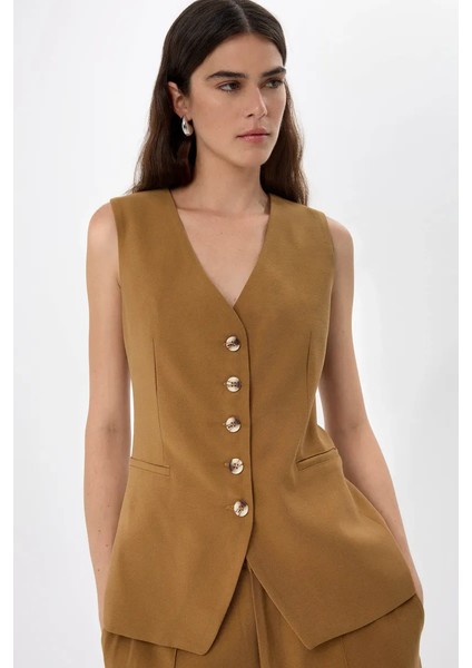 Kadın Düğmeli Düz Yelek Brown indirimleri