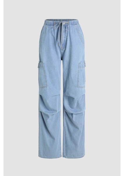 Kadın Elastik Bel Kargo Kot Pantolon Blue