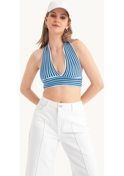 Kadın Şeritli Derin V Yaka Boyun Askılı Sırtı Açık Crop Top Mavi