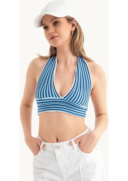 Kadın Şeritli Derin V Yaka Boyun Askılı Sırtı Açık Crop Top Mavi modelleri