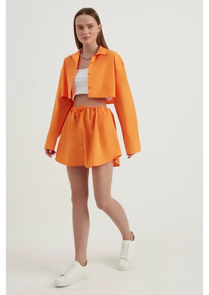 Kadın Yüksek Bel Fermuarlı Mini Etek Turuncu