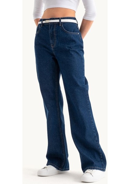 Kadın Yüksek Bel Geniş Paçalı Kot Pantolon Koyu Mavi Denim