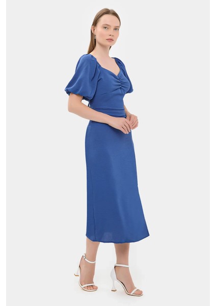 Kadın Yandan Yırtmaçlı Sweetheart Yakalı Midi Elbise Kobalt Mavisi modelleri