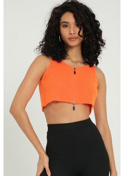Kadın V Yaka Örme Nervürlü Fermuarlı Crop Top Turuncu fiyatları