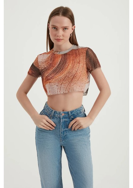 Kadın Soyut Tül Crop Top Orange