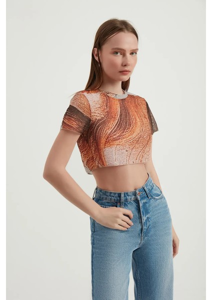 Kadın Soyut Tül Crop Top Orange fiyatları