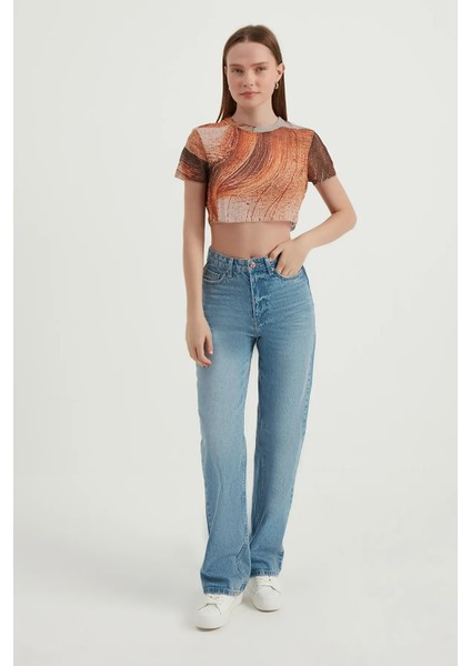 Kadın Soyut Tül Crop Top Orange modelleri