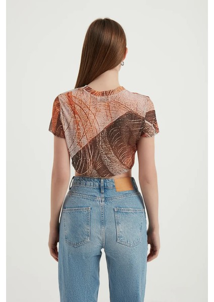 Kadın Soyut Tül Crop Top Orange fırsatları