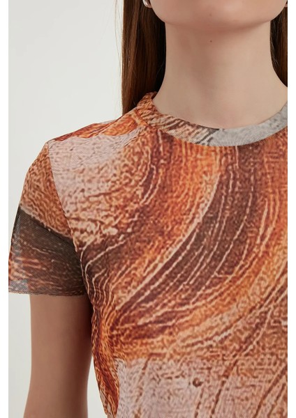 Kadın Soyut Tül Crop Top Orange indirimleri