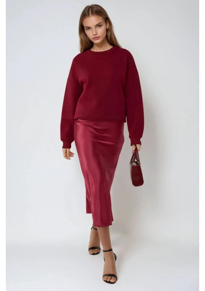 Kadın Yüksek Bel Saten Midi Etek Red modelleri