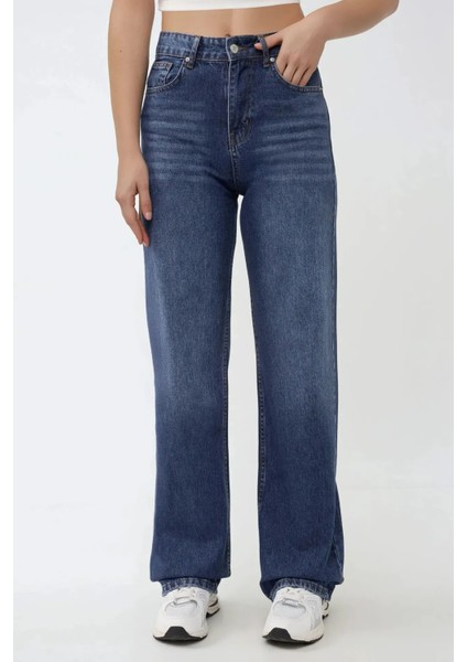 Kadın Yüksek Bel Straight Kot Pantolon Orta Mavi Denim