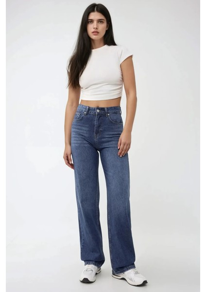 Kadın Yüksek Bel Straight Kot Pantolon Orta Mavi Denim fiyatları