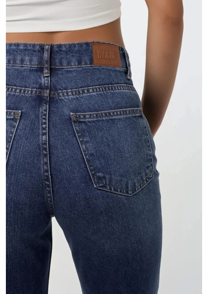 Kadın Yüksek Bel Straight Kot Pantolon Orta Mavi Denim