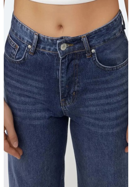 Kadın Yüksek Bel Straight Kot Pantolon Orta Mavi Denim