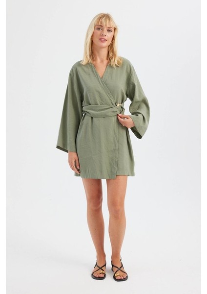 Kadın Kemer Detaylı V Yaka Uzun Kollu Mini Elbise Green