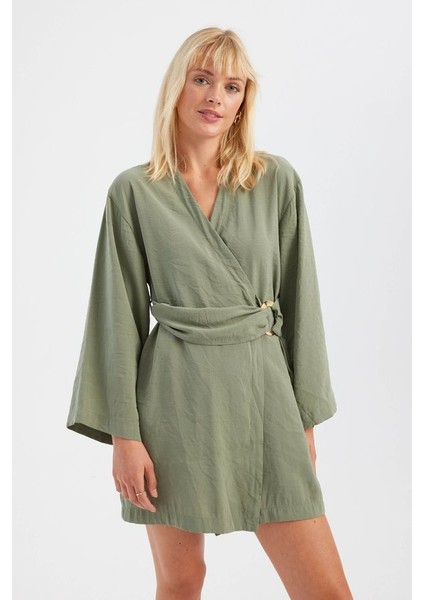 Kadın Kemer Detaylı V Yaka Uzun Kollu Mini Elbise Green modelleri