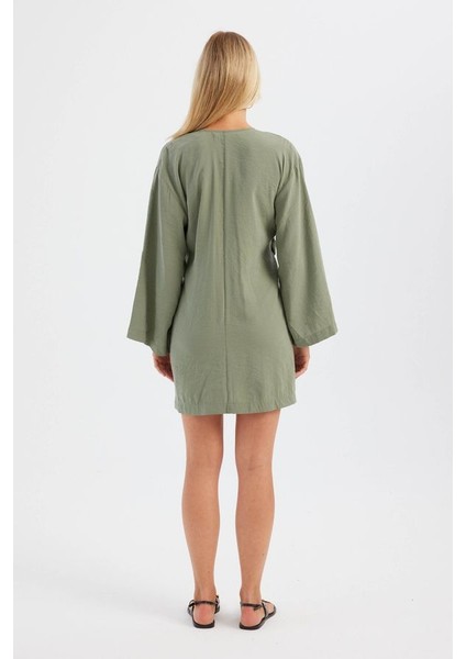 Kadın Kemer Detaylı V Yaka Uzun Kollu Mini Elbise Green fırsatları