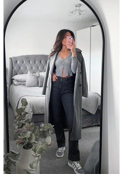 Kadın Düz V Yaka Crop Hırka Grey
