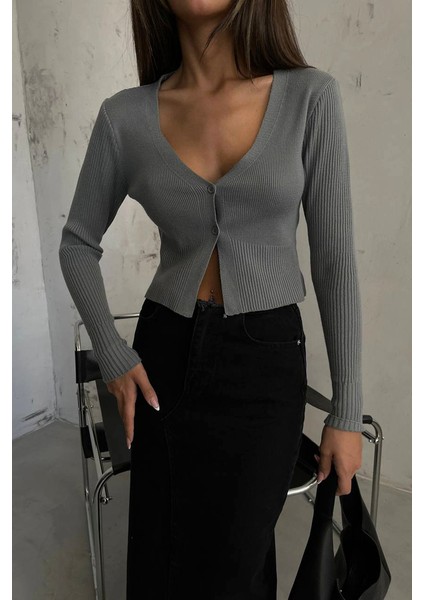 Kadın Düz V Yaka Crop Hırka Grey modelleri