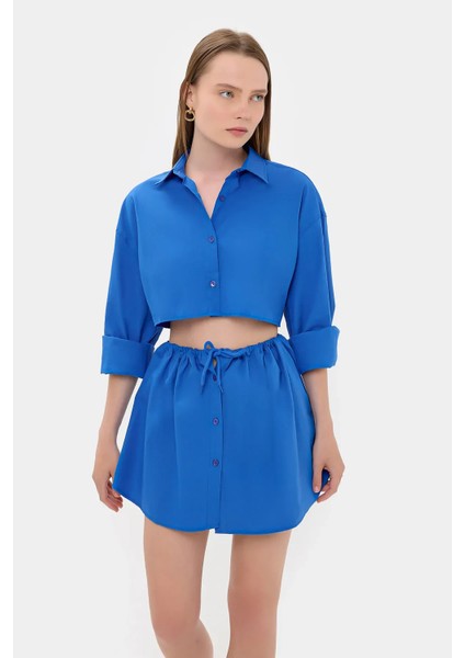 Kadın Geniş Kollu Oversize Kırpılmış Gömlek Blue modelleri