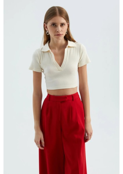 Kadın V Yakalı Polo Crop Top White