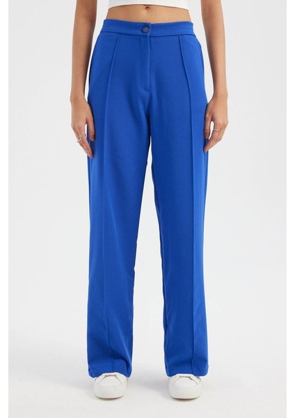 Kadın Yüksek Bel Geniş Paça Pantolon Kobalt Mavisi
