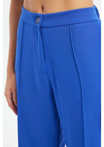 Kadın Yüksek Bel Geniş Paça Pantolon Kobalt Mavisi indirimleri