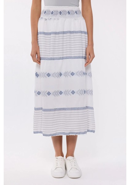 Kadın Elastik Bel Detaylı Yüksek Bel Çizgili Maxi Etek Grey