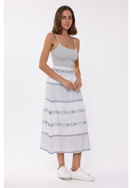 Kadın Elastik Bel Detaylı Yüksek Bel Çizgili Maxi Etek Grey fiyatları