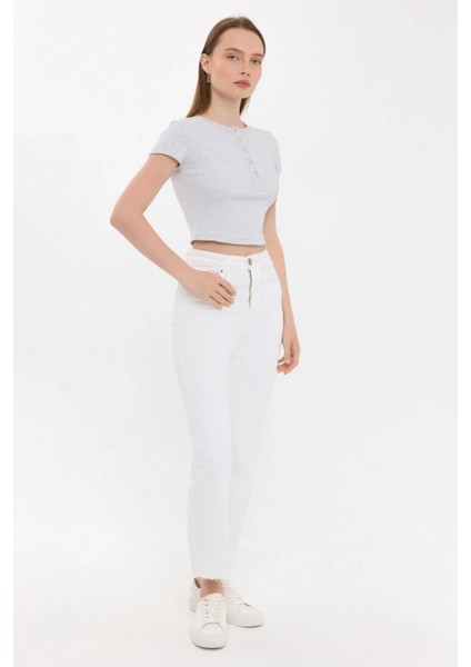 Kadın Düğmeli Kısa Kollu Yuvarlak Yaka T-Shirt Gri modelleri