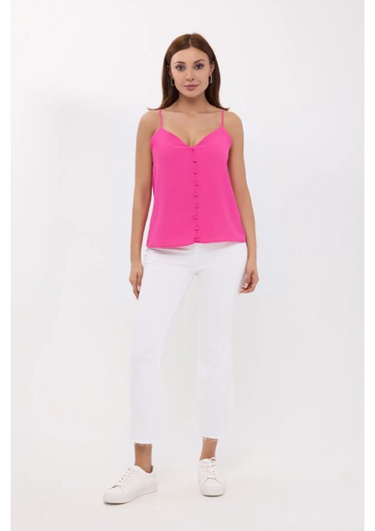 Kadın Kolsuz V-Yaka Düğmeli Bluz Macenta Pembesi