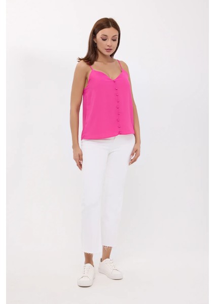 Kadın Kolsuz V-Yaka Düğmeli Bluz Macenta Pembesi fiyatları