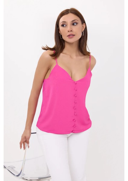 Kadın Kolsuz V-Yaka Düğmeli Bluz Macenta Pembesi modelleri