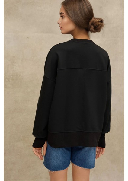 Kadın Yırtmaç Detaylı Bisiklet Yaka Loose Fit Sweatshirt Black indirimleri