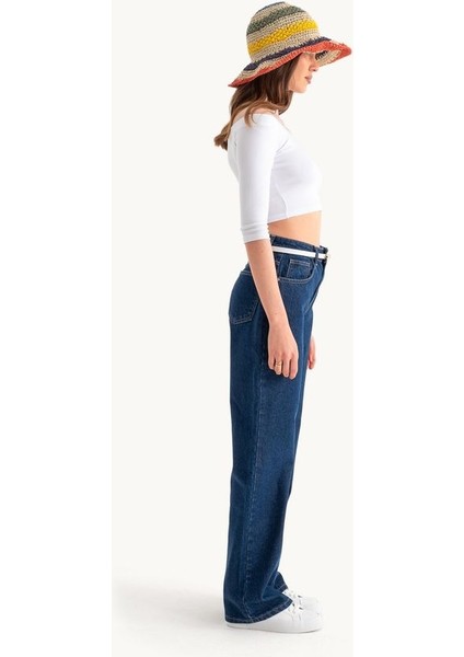 Kadın Yüksek Bel Geniş Paçalı Kot Pantolon Koyu Mavi Denim fırsatları