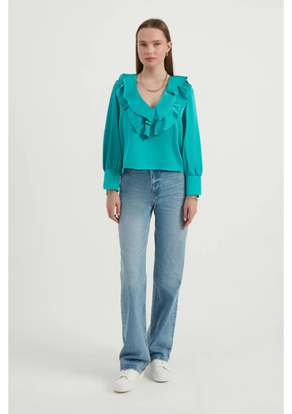 Kadın V Yaka Saten Volanlı Retro Bluz Yeşil fiyatları
