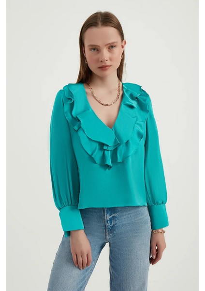 Kadın V Yaka Saten Volanlı Retro Bluz Yeşil modelleri