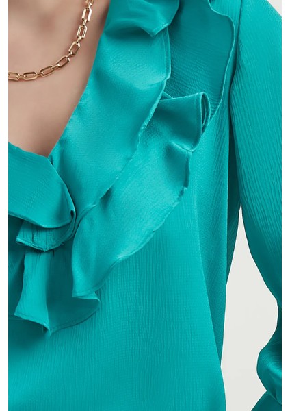 Kadın V Yaka Saten Volanlı Retro Bluz Yeşil indirimleri