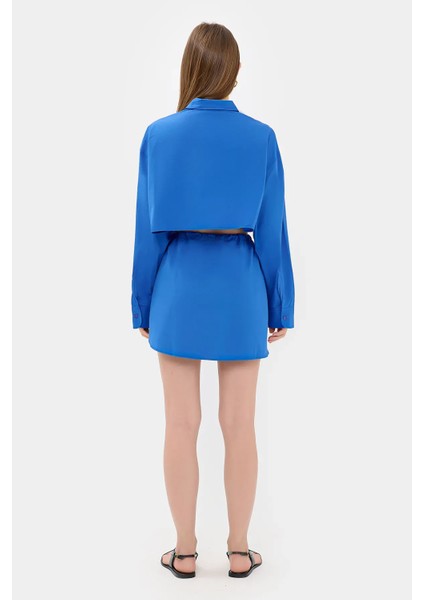 Kadın Geniş Kollu Oversize Kırpılmış Gömlek Blue indirimleri