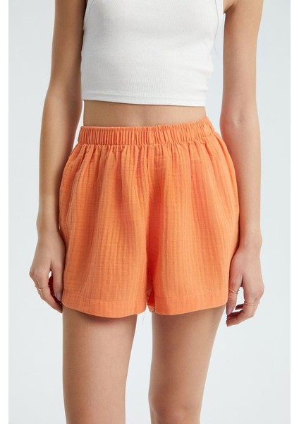 Kadın Keten Yüksek Bel Elastik Bel Şort Orange fiyatları