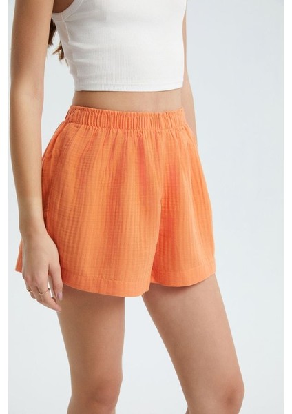 Kadın Keten Yüksek Bel Elastik Bel Şort Orange fırsatları