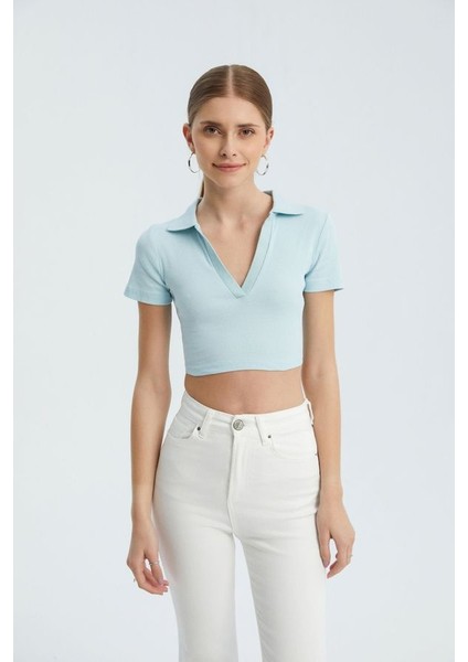 Kadın V Yakalı Polo Crop Top Mavi modelleri