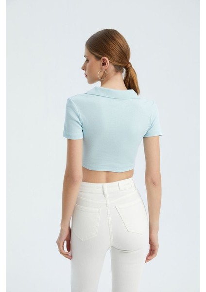 Kadın V Yakalı Polo Crop Top Mavi fırsatları