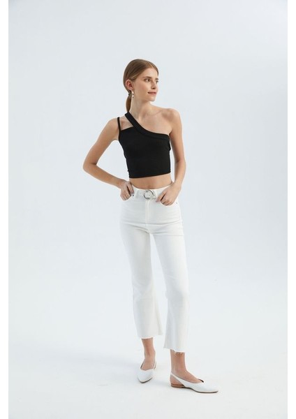 Kadın Tek Omuzlu Kesik Crop Top Black