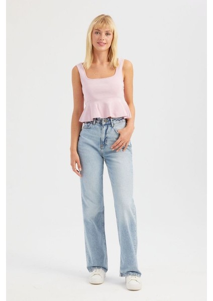 Kadın Kare Yaka Örme Volanlı Bluz Allık Pembe