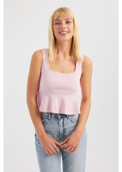 Kadın Kare Yaka Örme Volanlı Bluz Allık Pembe modelleri