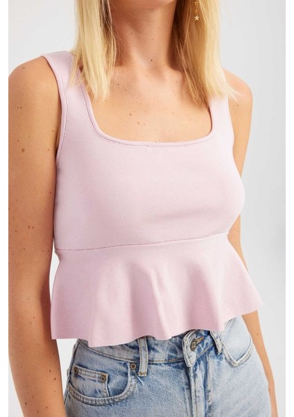 Kadın Kare Yaka Örme Volanlı Bluz Allık Pembe fırsatları