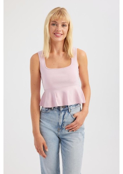 Kadın Kare Yaka Örme Volanlı Bluz Allık Pembe indirimleri