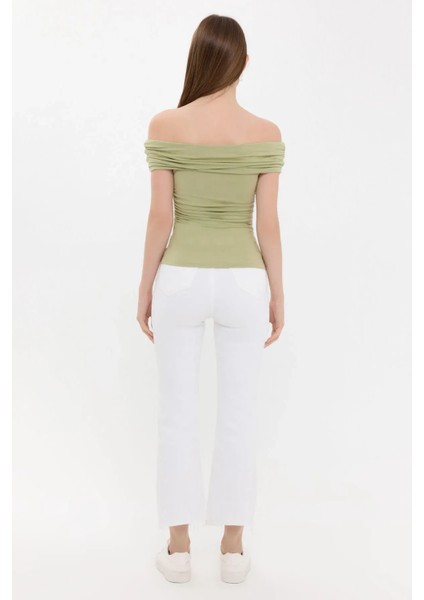 Kadın Omuzdan Askılı Büzgülü Vücut Şeklini Takip Eden Üst Green fiyatları